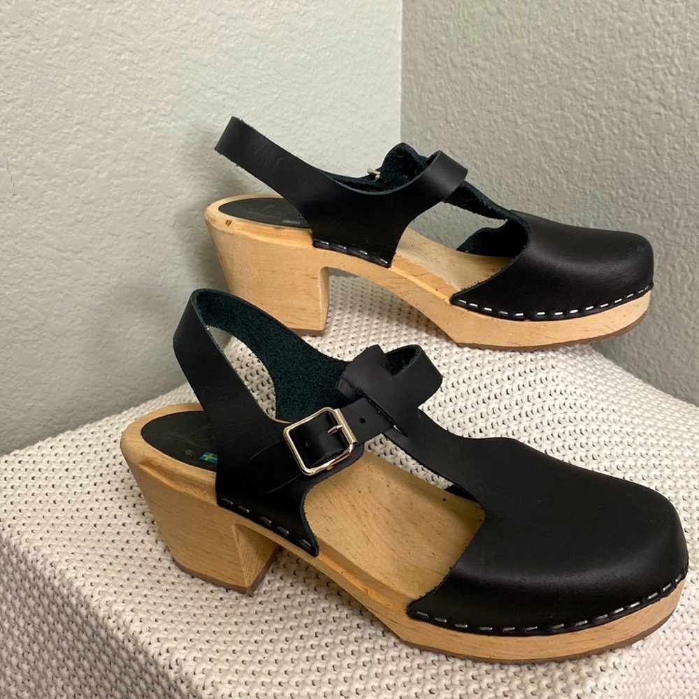 Lotta From Stockholm Black Leather Wooden Clogs